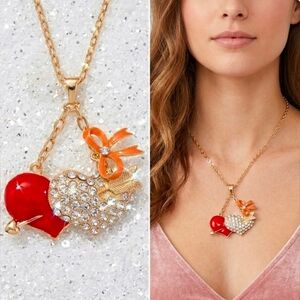 Gold red Orange white crystal double heart arrow necklace
